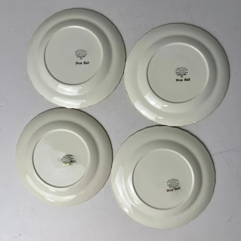 VTG 50s Pope-Gosser Blue Bell Bread Plates Set of 4 White Gold Trim Grandmacore